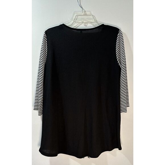 Trish Tyler women’s 3/4 sleeve black white stripe w/pockets top size L. #30-1083 - Picture 2 of 7